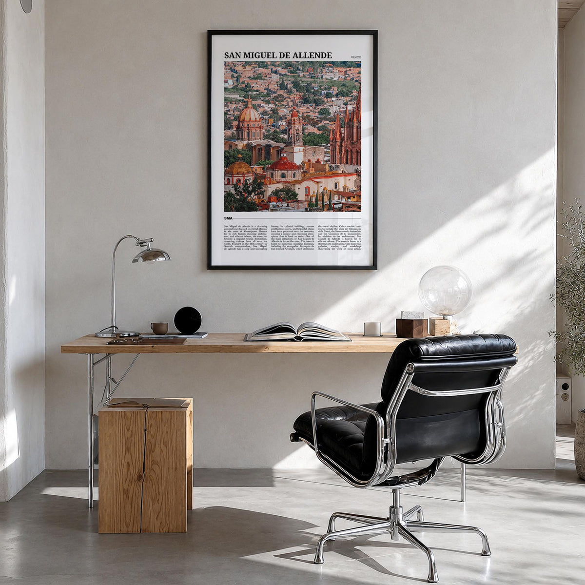 San Miguel de Allende colorful travel poster of Mexico – vertical wall art in black wood frame, hanging on wall