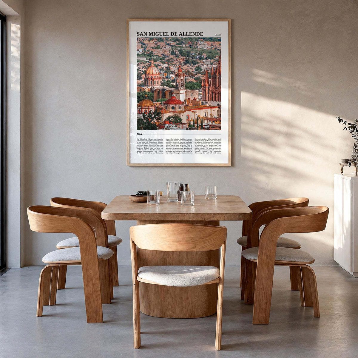 San Miguel de Allende colorful travel poster of Mexico – vertical wall art in natural wood frame, hanging on wall