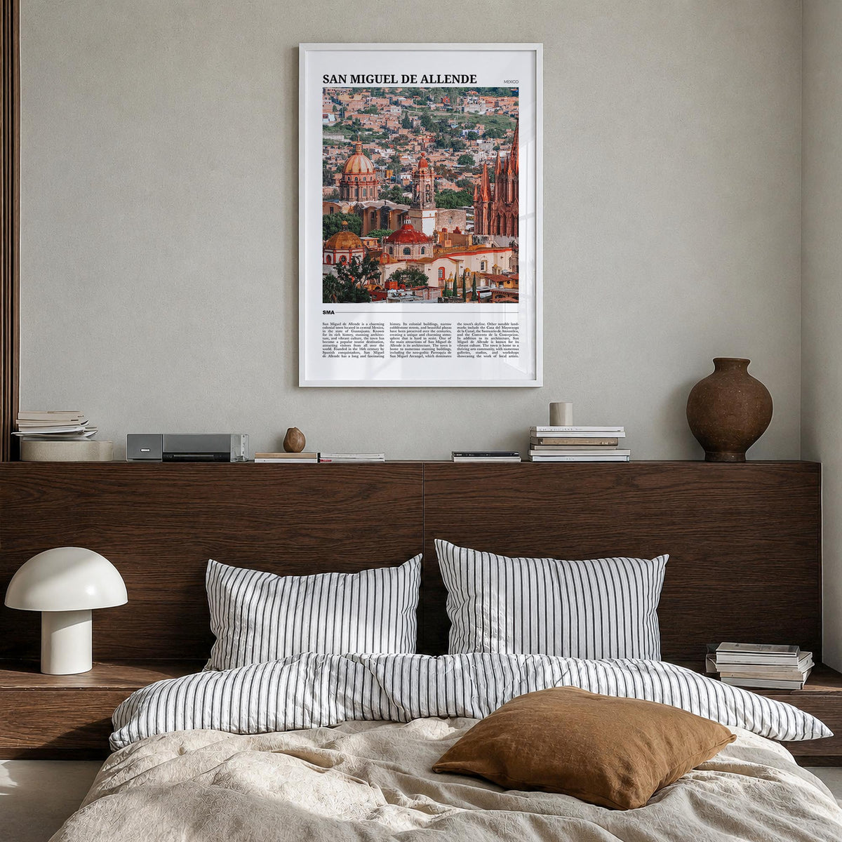 San Miguel de Allende colorful travel poster of Mexico – vertical wall art in white wood frame, hanging on wall