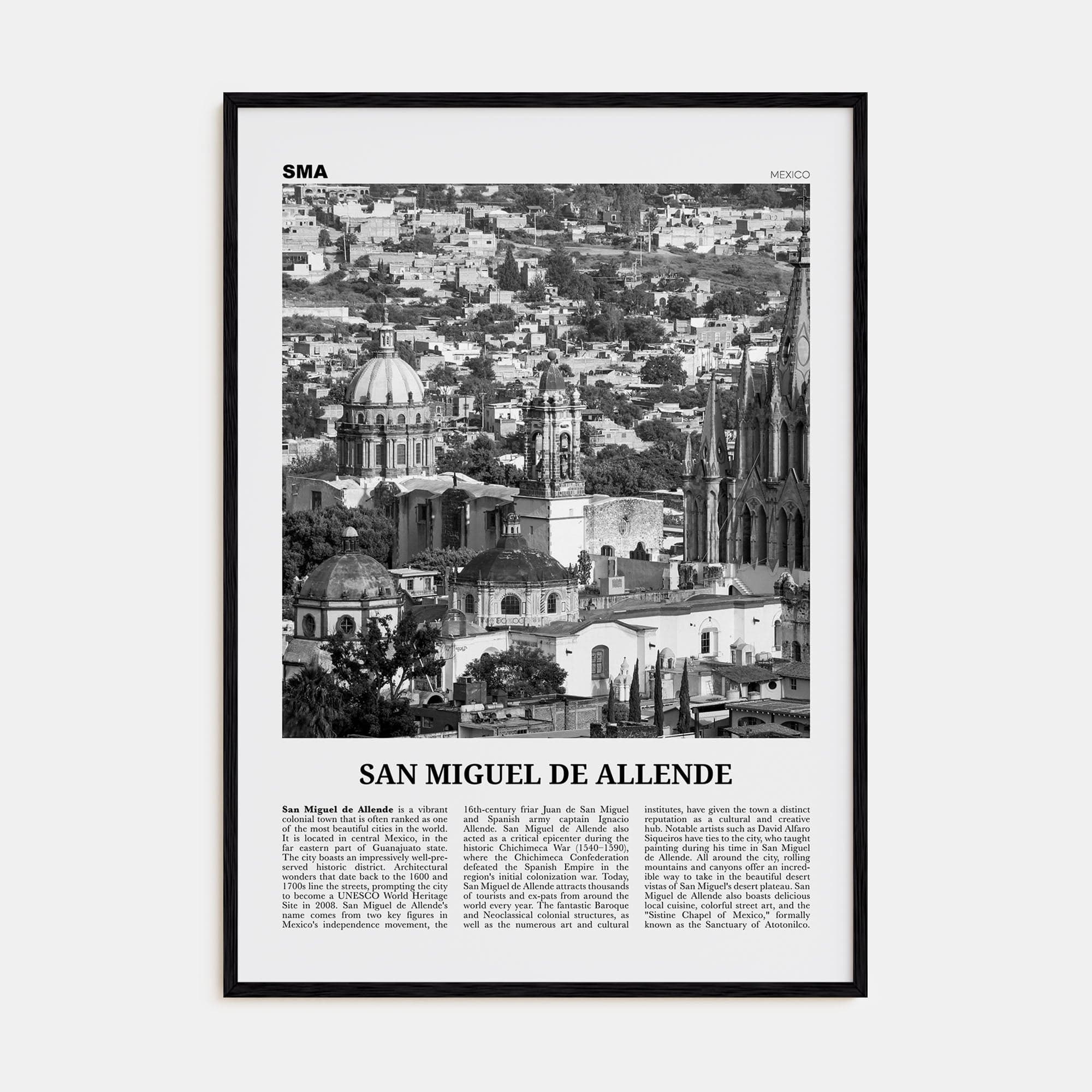 San Miguel de Allende Poster Black Wood / 8x12 in Nbourhood Travel B&W Poster