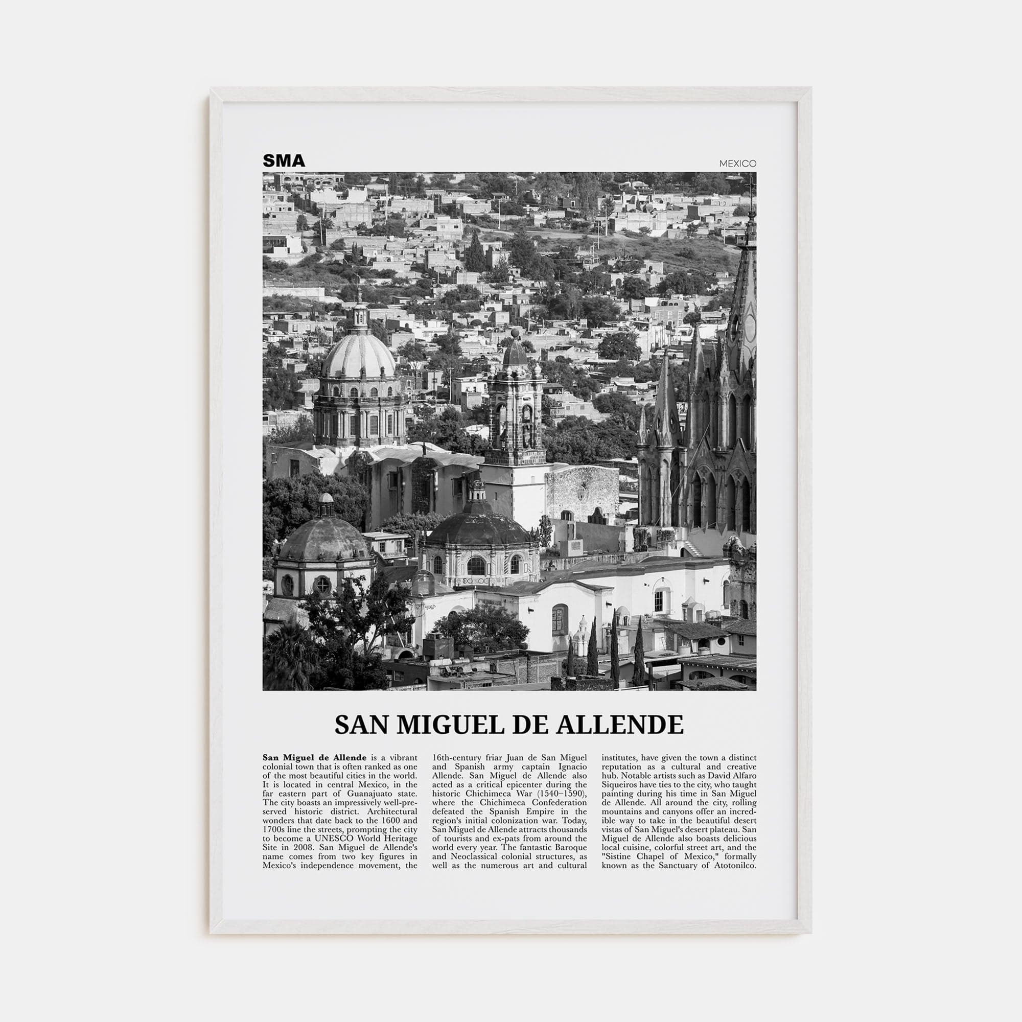 San Miguel de Allende Poster White Wood / 8x12 in Nbourhood Travel B&W Poster