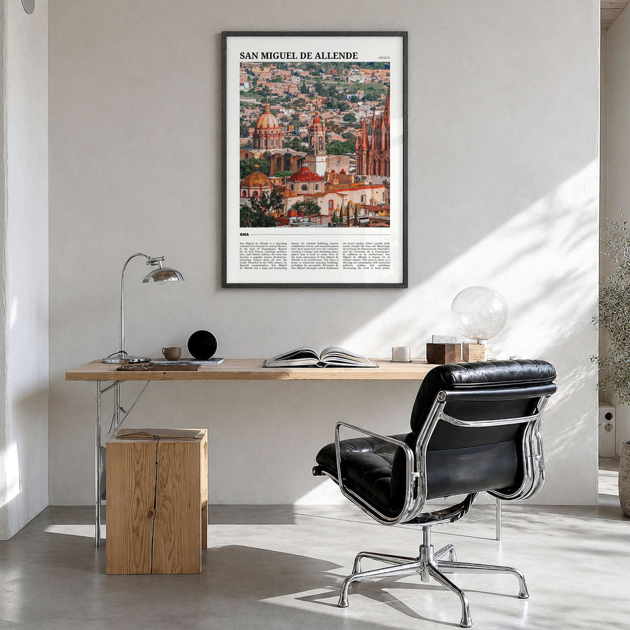 San Miguel de Allende Travel Poster in a black wood frame, hanging in a bright home office