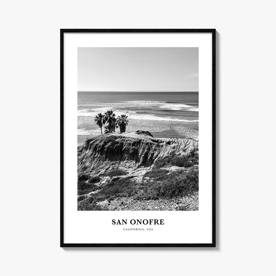 San Onofre black & white classic poster of California, USA – vertical wall art, unframed print shown in interior mockup