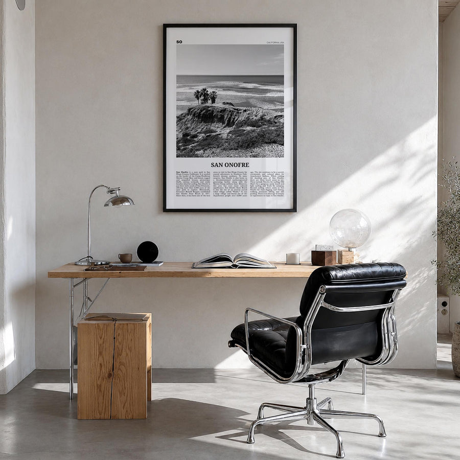 San Onofre black & white newspaper poster of California, USA – vertical wall art in black wood frame, hanging on wall