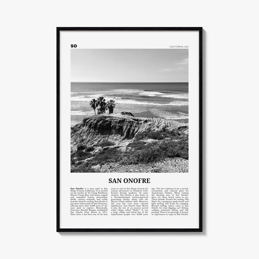 San Onofre black & white newspaper poster of California, USA – vertical wall art, unframed print shown in interior mockup