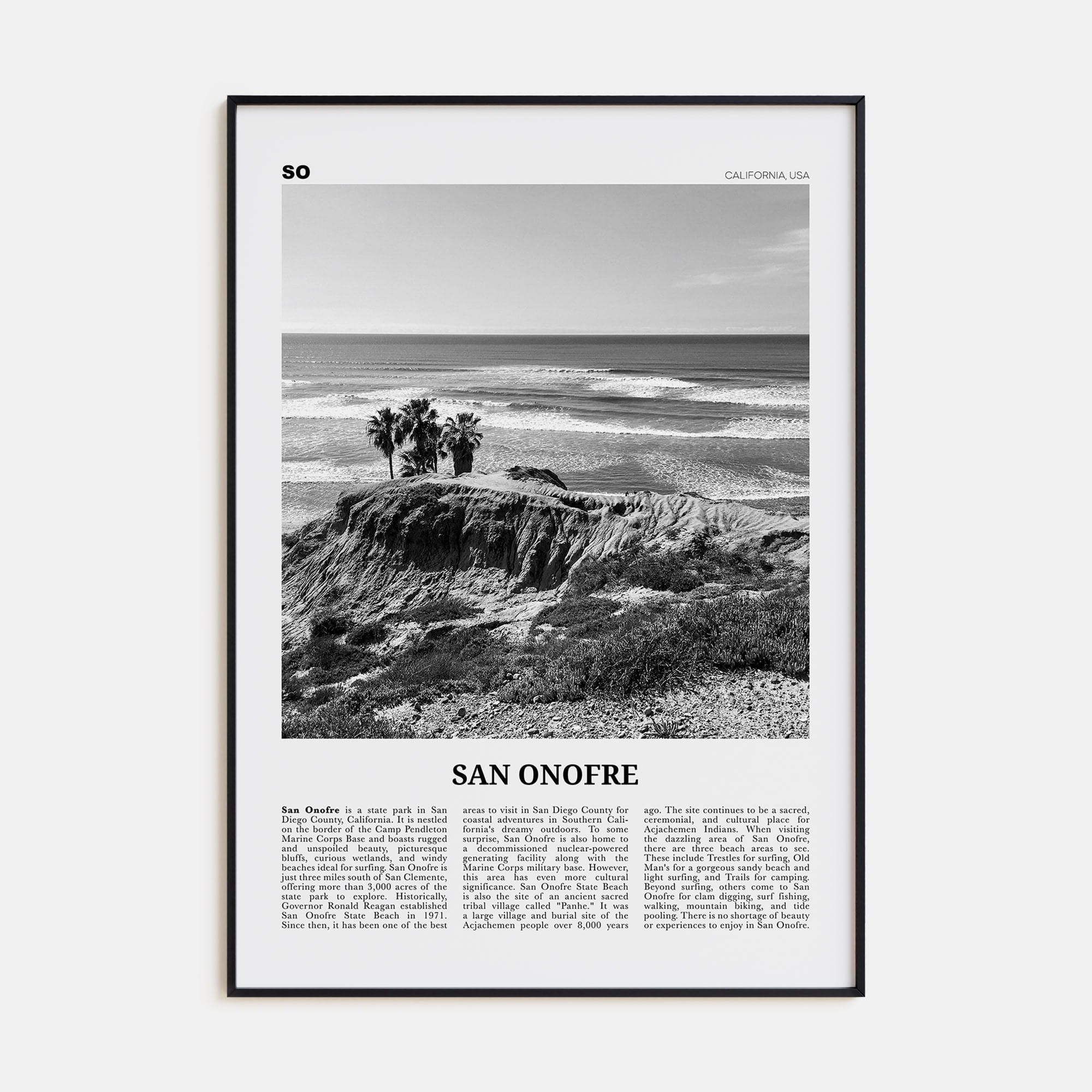 San Onofre Poster Black Metal / 8x12 in Nbourhood Travel B&W Poster