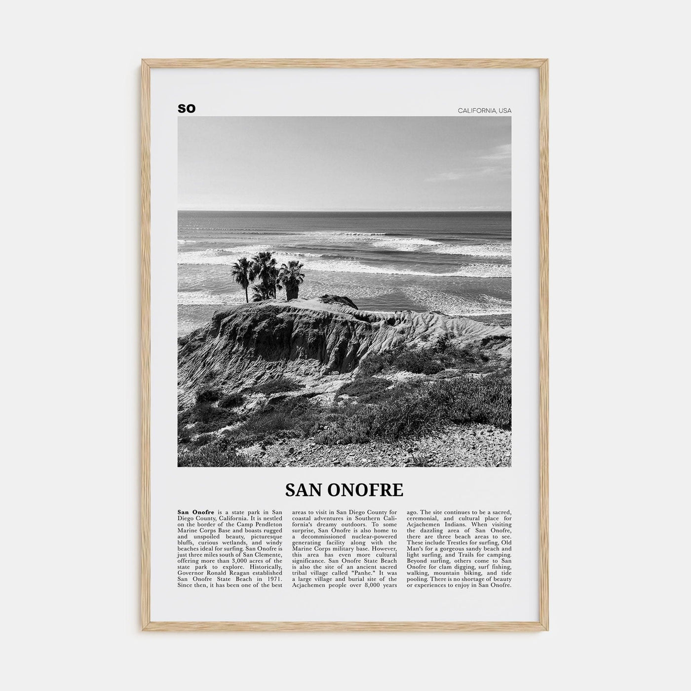 San Onofre Poster Natural Wood / 8x12 in Nbourhood Travel B&W Poster