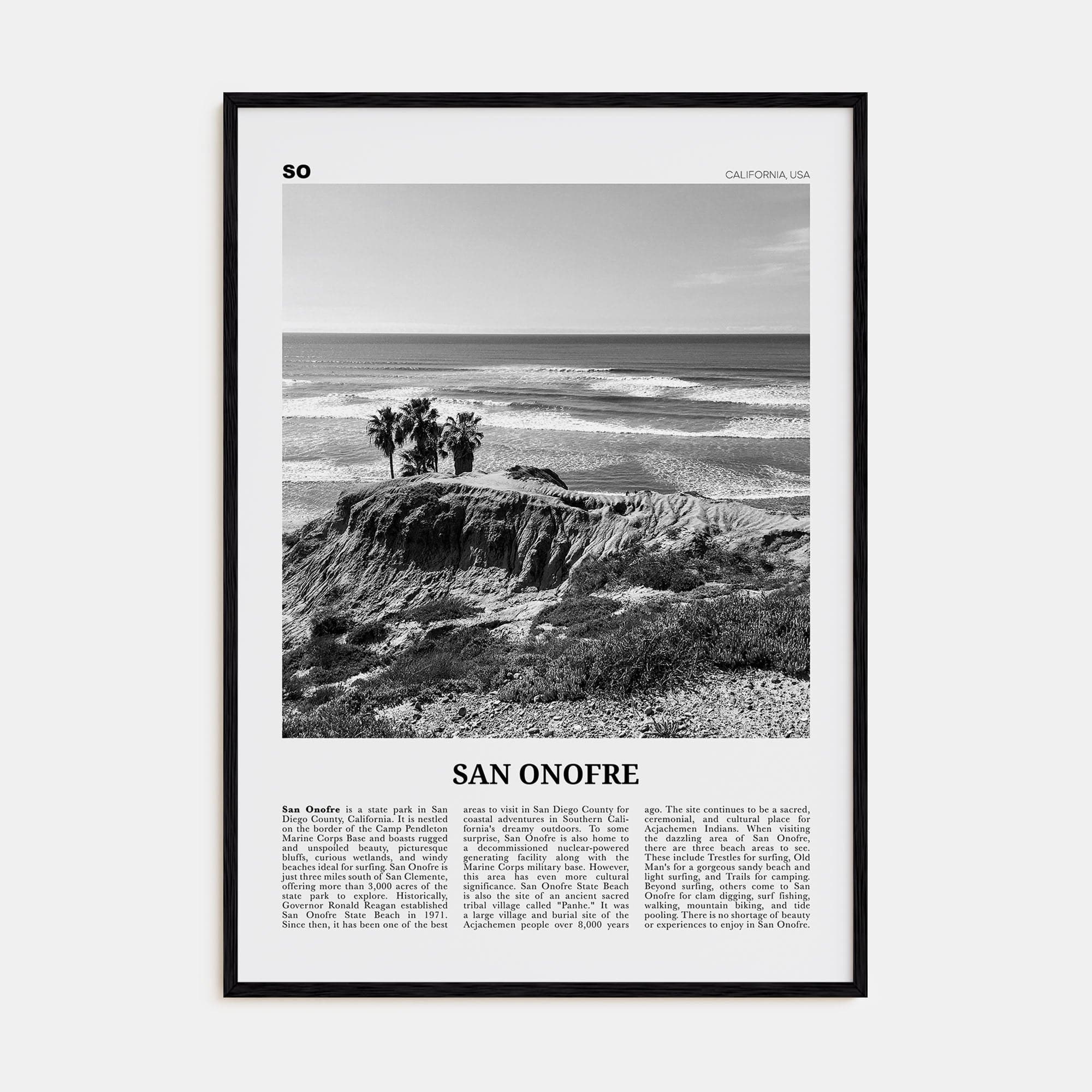 San Onofre Poster Black Wood / 8x12 in Nbourhood Travel B&W Poster