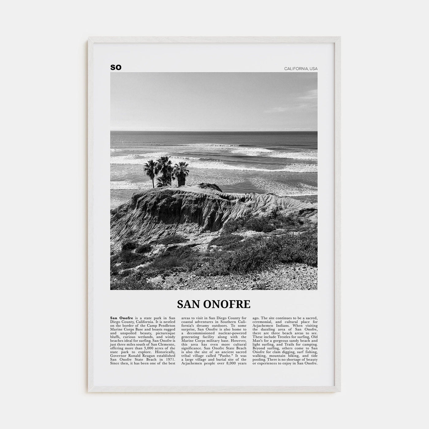 San Onofre Poster White Wood / 8x12 in Nbourhood Travel B&W Poster