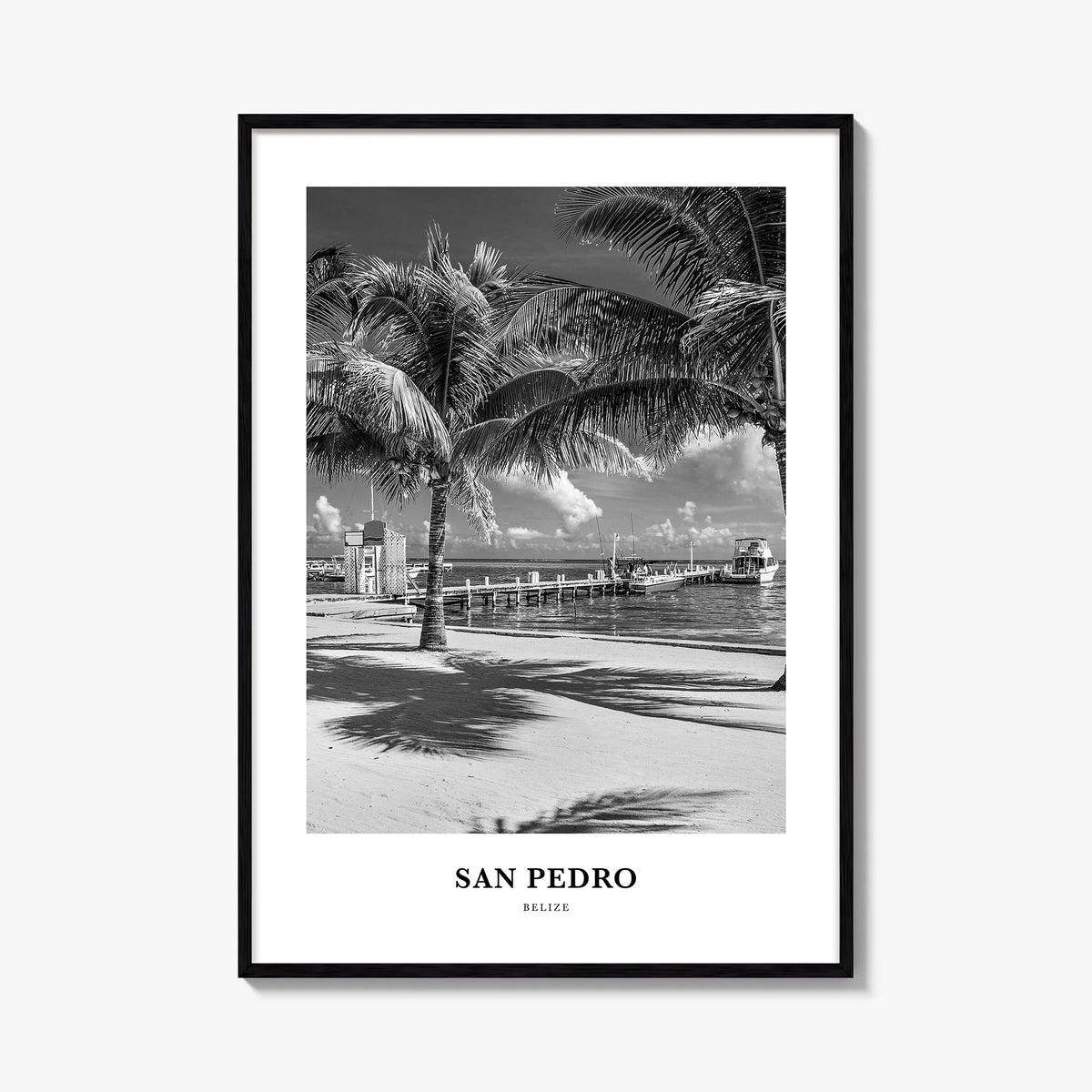 San Pedro, Belize black & white classic poster of Belize – vertical wall art, unframed print shown in interior mockup