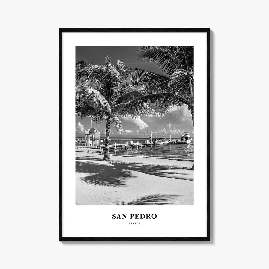 San Pedro, Belize black & white classic poster of Belize – vertical wall art, unframed print shown in interior mockup