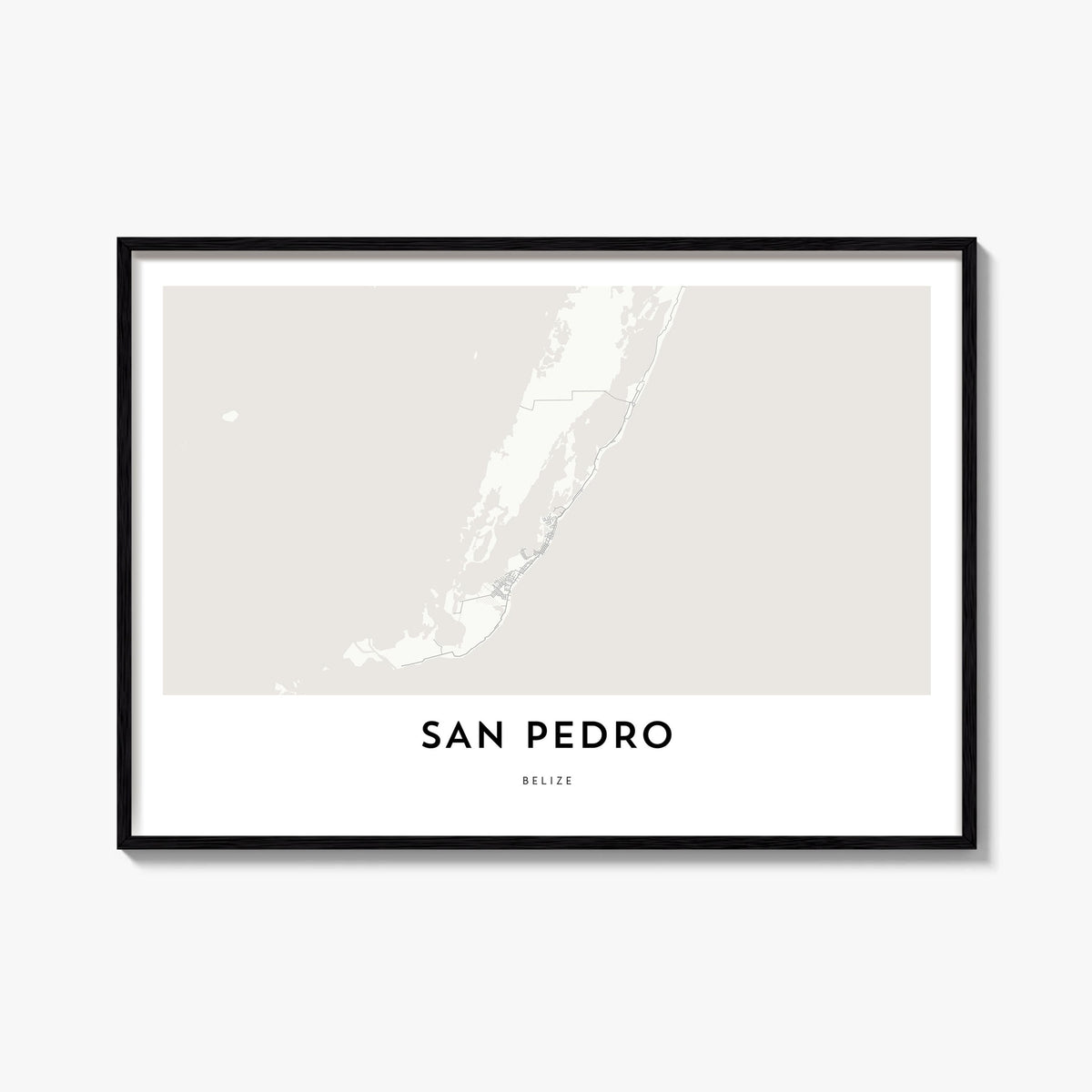 San Pedro, Belize black & white map poster of Belize – horizontal wall art, unframed print shown in interior mockup