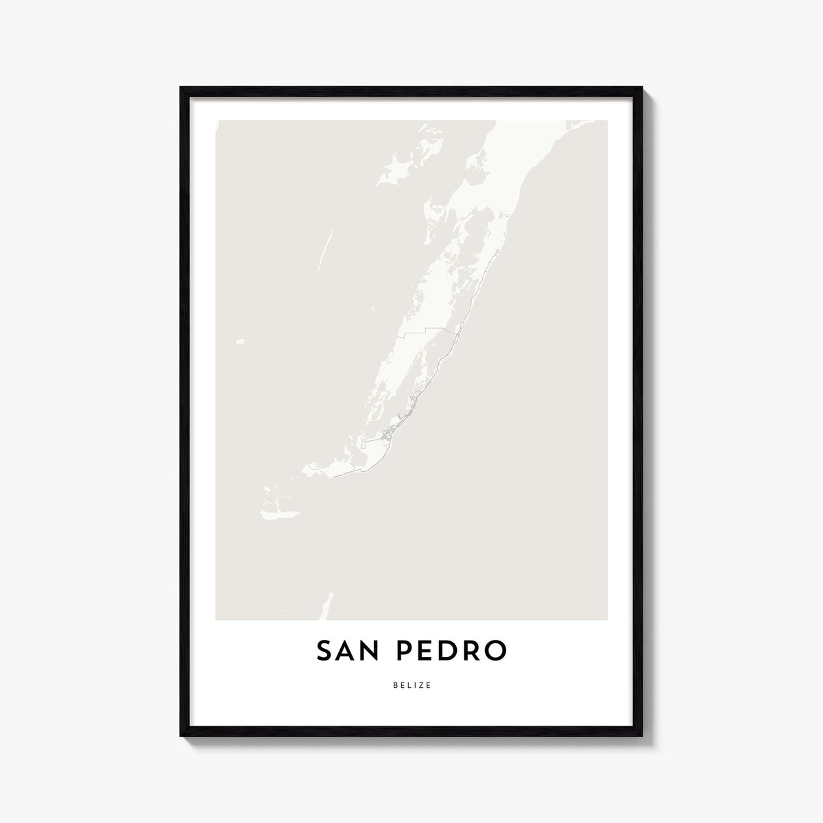 San Pedro, Belize black & white map poster of Belize – vertical wall art, unframed print shown in interior mockup