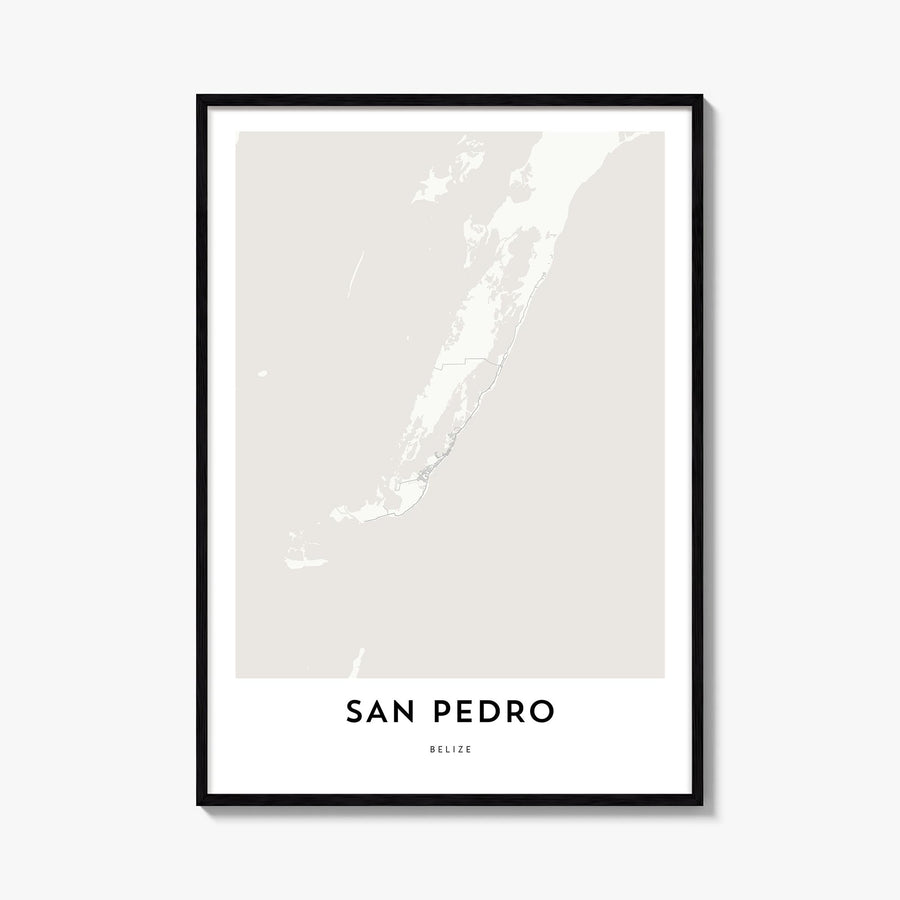 San Pedro, Belize black & white map poster of Belize – vertical wall art, unframed print shown in interior mockup