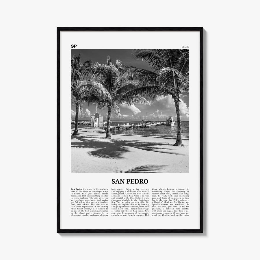 San Pedro, Belize black & white newspaper poster of Belize – vertical wall art, unframed print shown in interior mockup