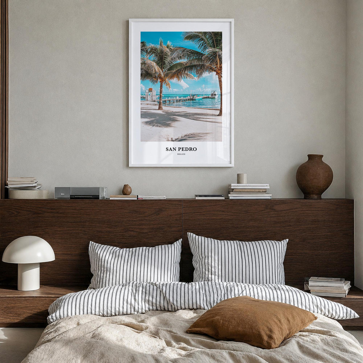 San Pedro, Belize colorful classic poster of Belize – vertical wall art in white wood frame, hanging on wall