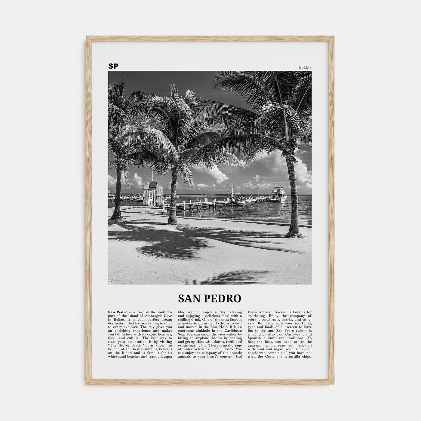 San Pedro, Belize Poster Natural Wood / 8x12 in Nbourhood Travel B&W Poster