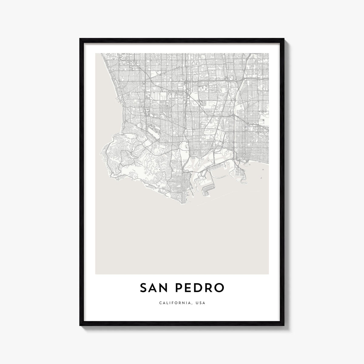 San Pedro, California black & white map poster of California, USA – vertical wall art, unframed print shown in interior mocku