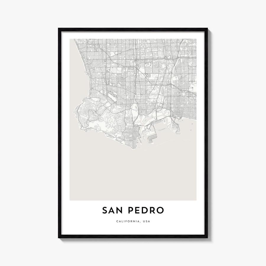 San Pedro, California black & white map poster of California, USA – vertical wall art, unframed print shown in interior mocku