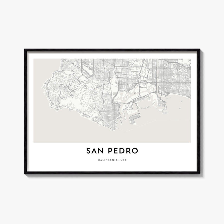 San Pedro, California black & white map poster of California, USA – horizontal wall art, unframed print shown in interior moc