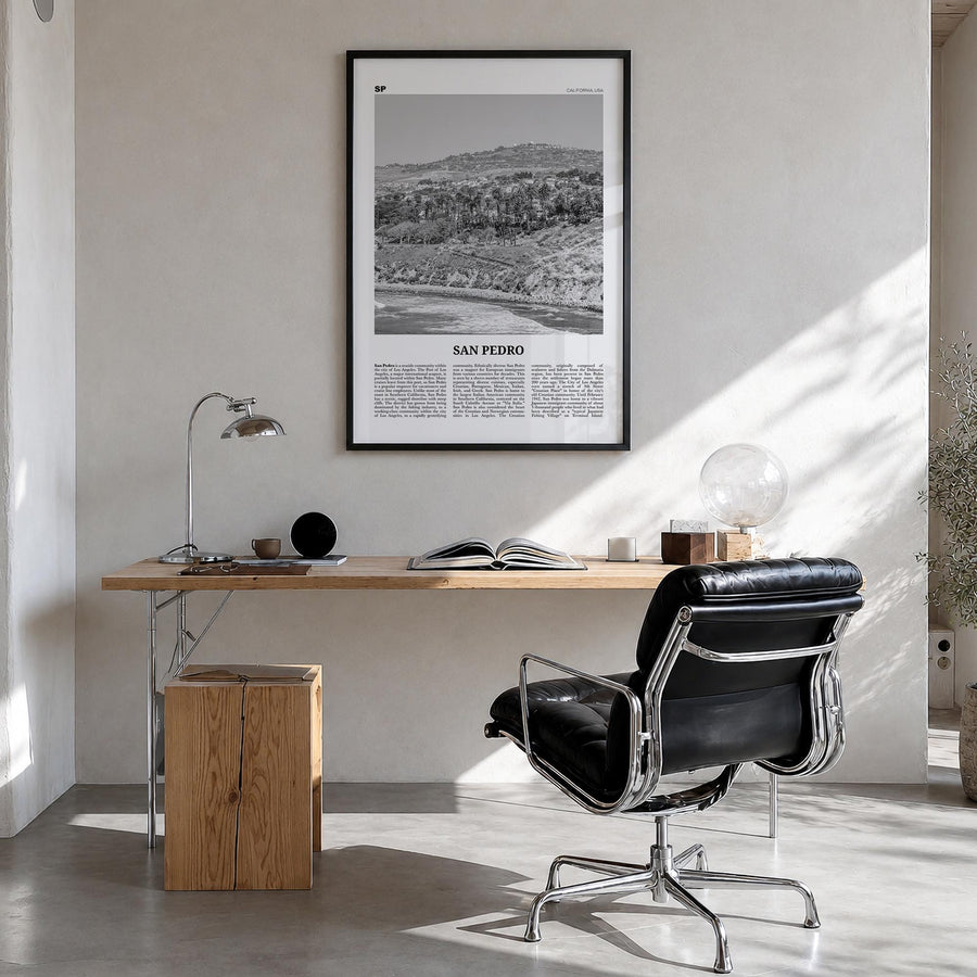 San Pedro, California no. 1 black & white newspaper poster of California, USA – vertical wall art in black wood frame, hangin