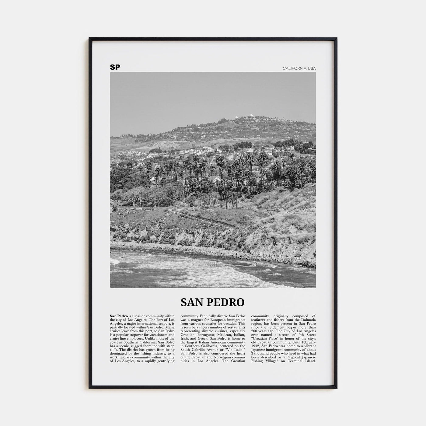 San Pedro, California No 1 Poster Black Metal / 8x12 in Nbourhood Travel B&W Poster