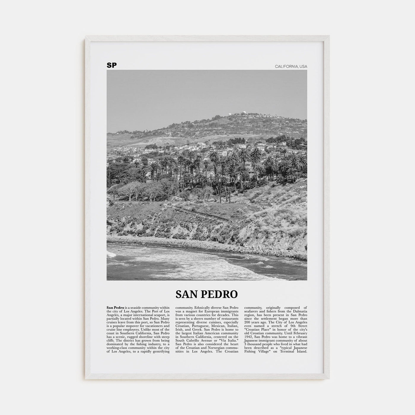 San Pedro, California No 1 Poster White Wood / 8x12 in Nbourhood Travel B&W Poster