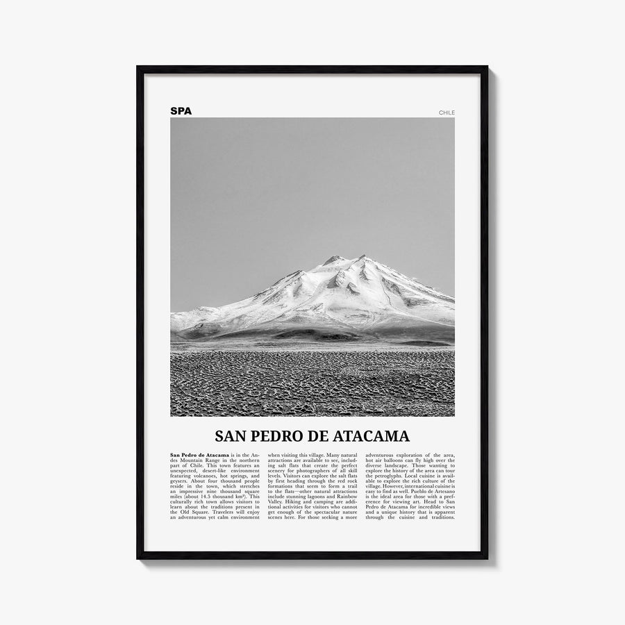 San Pedro de Atacama black & white newspaper poster of Chile – vertical wall art, unframed print shown in interior mockup