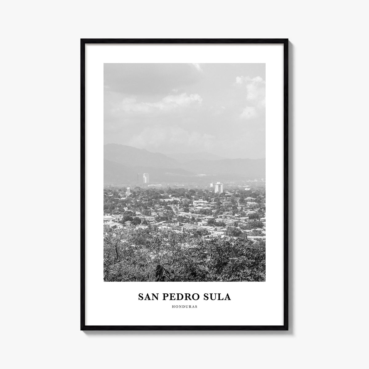San Pedro Sula black & white classic poster of Honduras – vertical wall art, unframed print shown in interior mockup