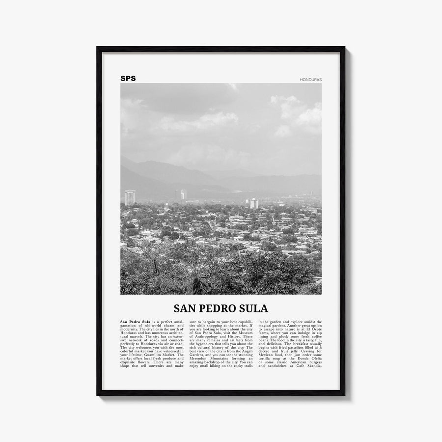 San Pedro Sula black & white newspaper poster of Honduras – vertical wall art, unframed print shown in interior mockup