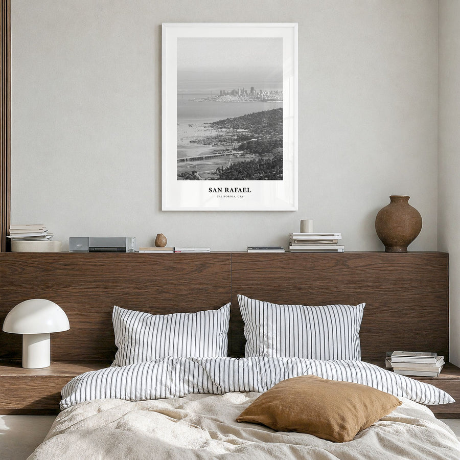 San Rafael Classic Poster in a white wood frame, hanging in a bedroom