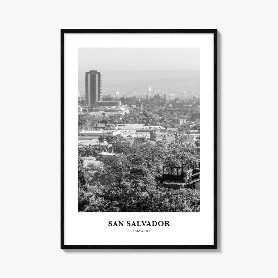 San Salvador black & white classic poster of El Salvador – vertical wall art, unframed print shown in interior mockup