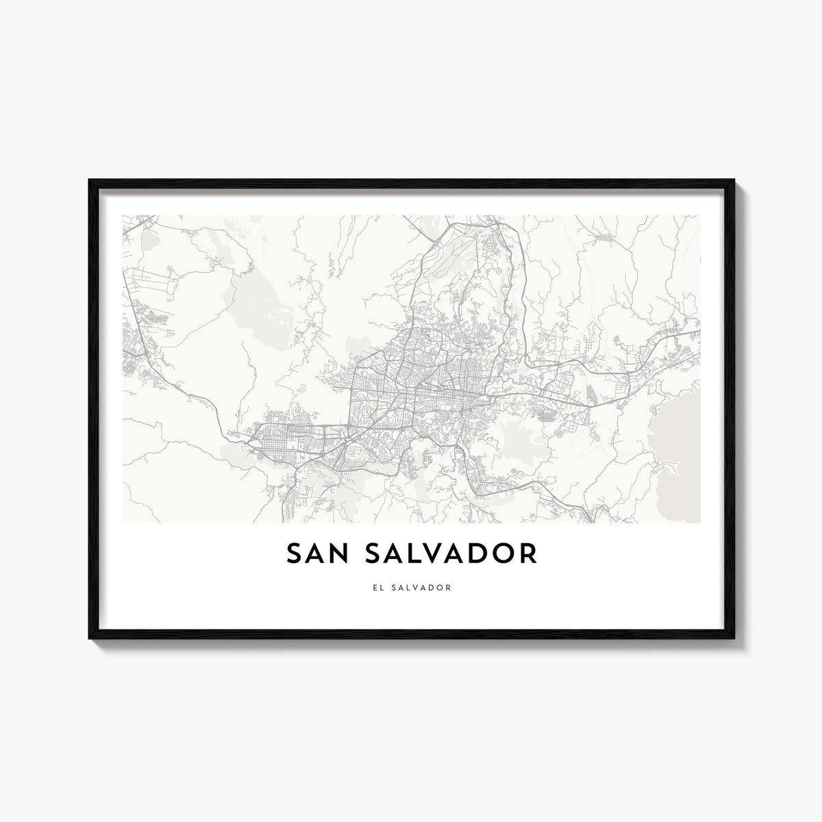 San Salvador black & white map poster of El Salvador – horizontal wall art, unframed print shown in interior mockup