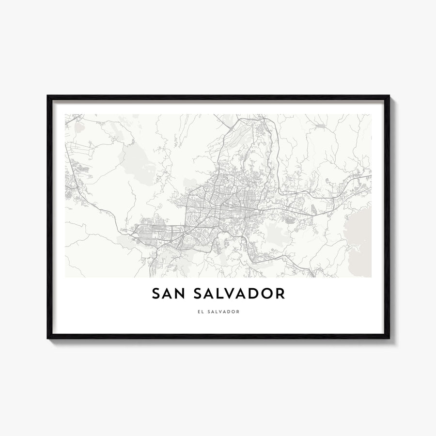 San Salvador black & white map poster of El Salvador – horizontal wall art, unframed print shown in interior mockup