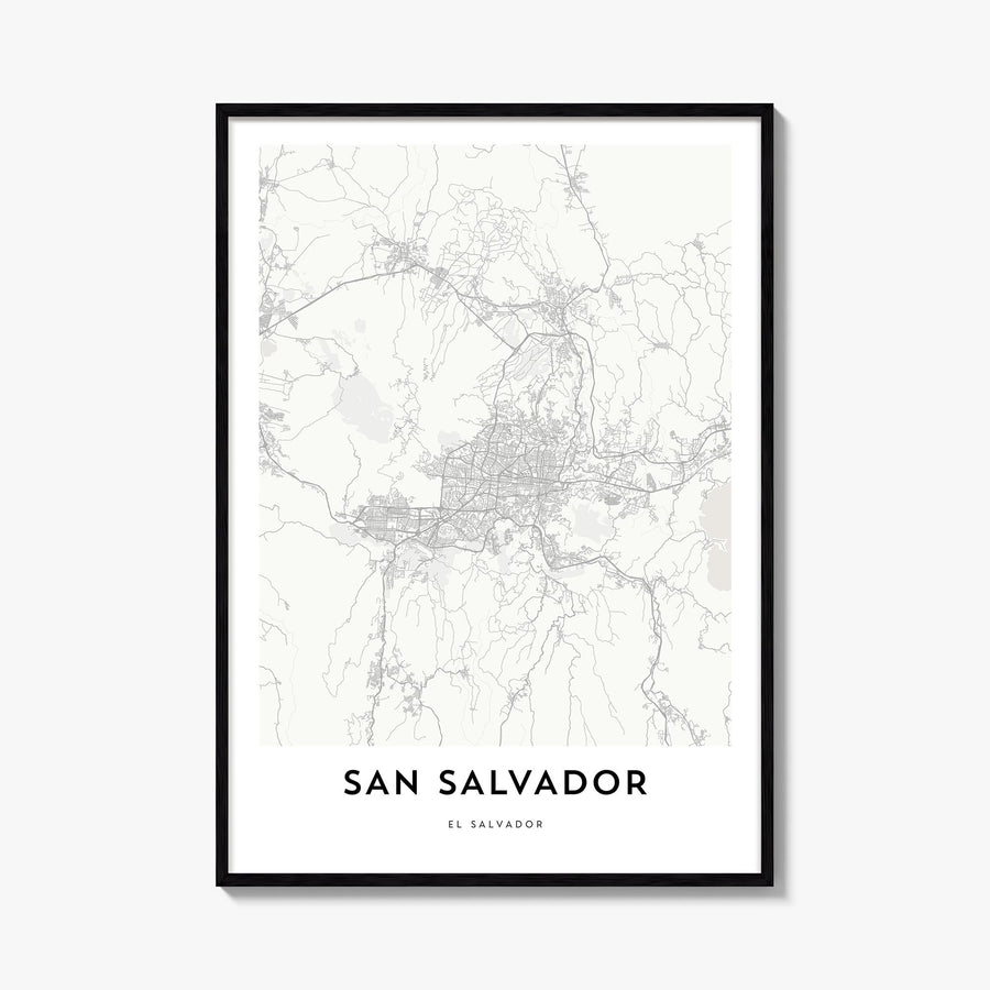 San Salvador black & white map poster of El Salvador – vertical wall art, unframed print shown in interior mockup