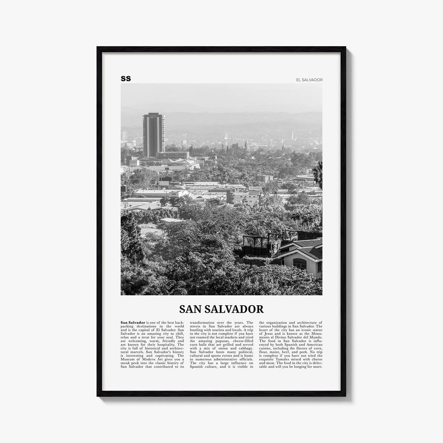 San Salvador black & white newspaper poster of El Salvador – vertical wall art, unframed print shown in interior mockup