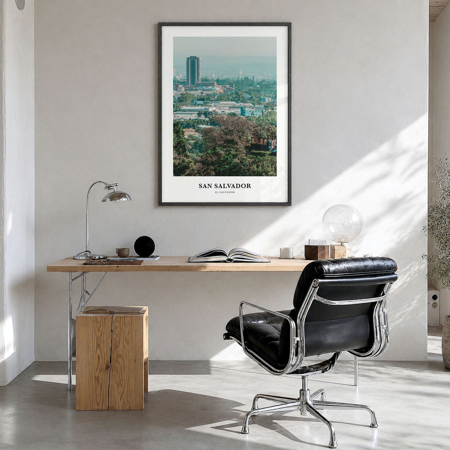 San Salvador Classic Poster in a black wood frame, hanging in a bright home office