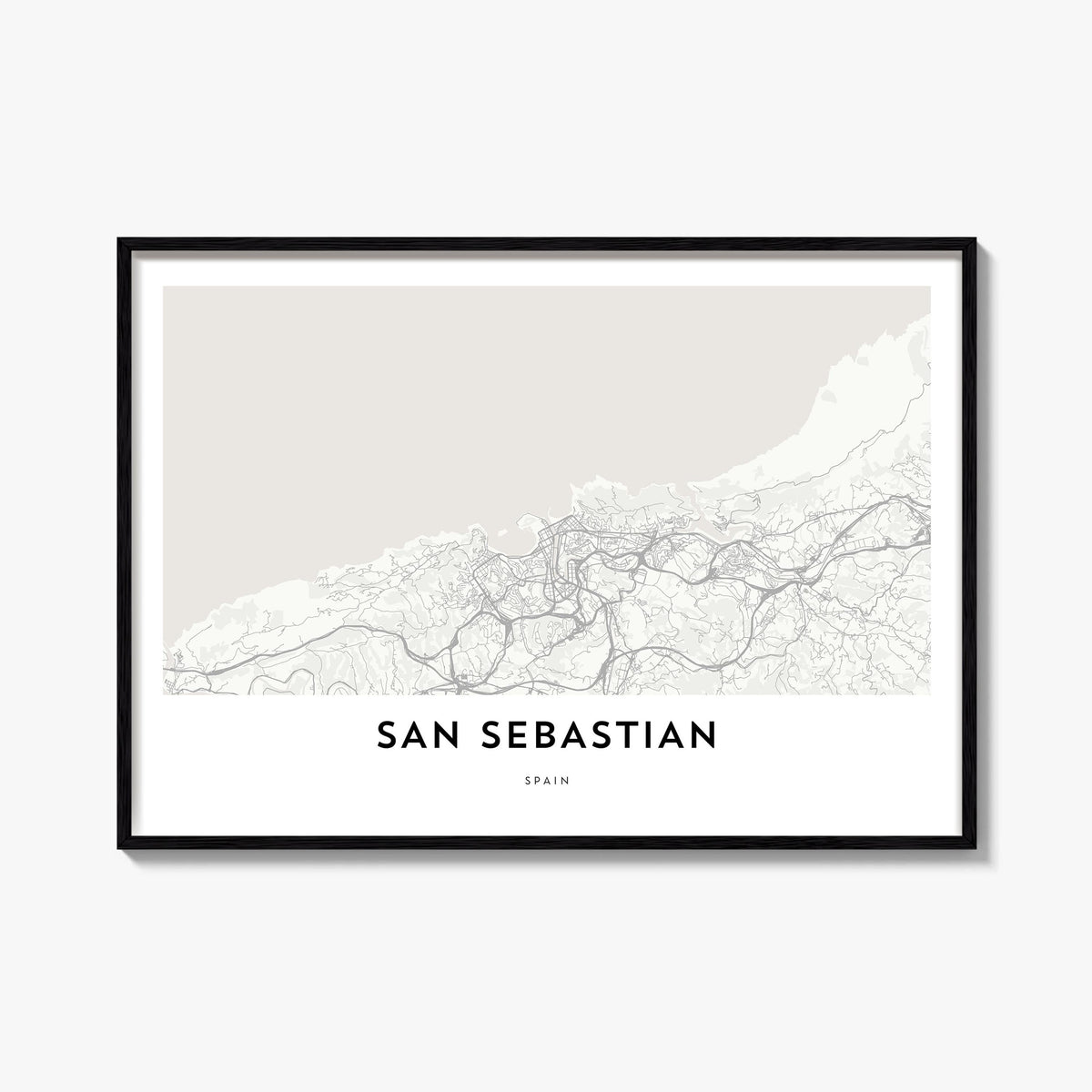 San Sebastián no. 2 black & white map poster of Spain – horizontal wall art, unframed print shown in interior mockup