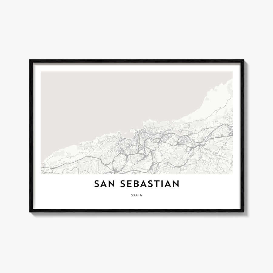 San Sebastián no. 2 black & white map poster of Spain – horizontal wall art, unframed print shown in interior mockup