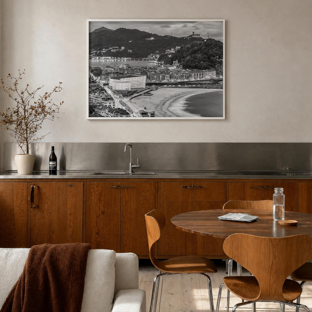 San Sebastián black & white photo poster of Spain – horizontal wall art in white wood frame, hanging on wall
