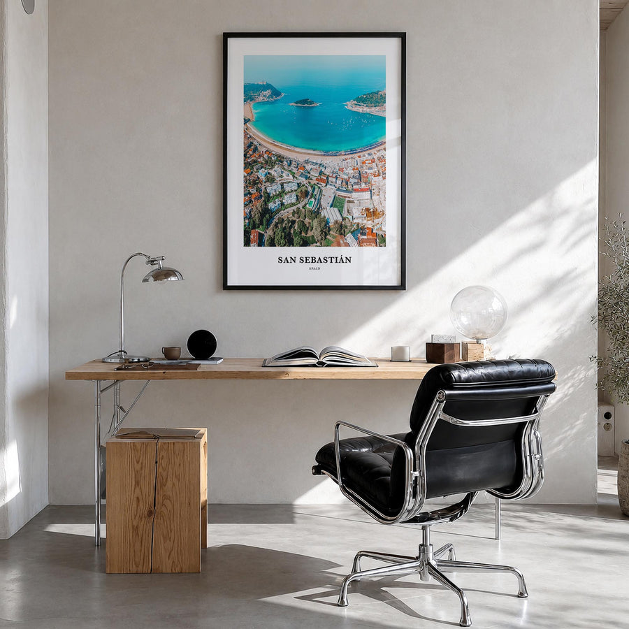 San Sebastián colorful classic poster of Spain – vertical wall art in black wood frame, hanging on wall
