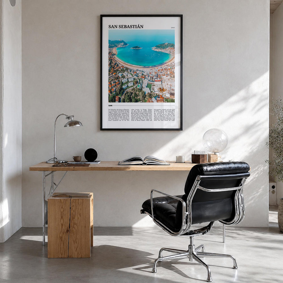 San Sebastián colorful travel poster of Spain – vertical wall art in black wood frame, hanging on wall
