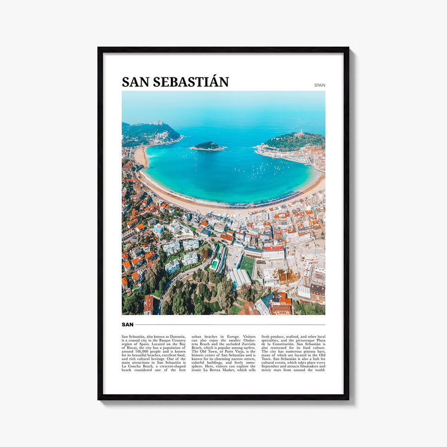 San Sebastián colorful travel poster of Spain – vertical wall art, unframed print shown in interior mockup