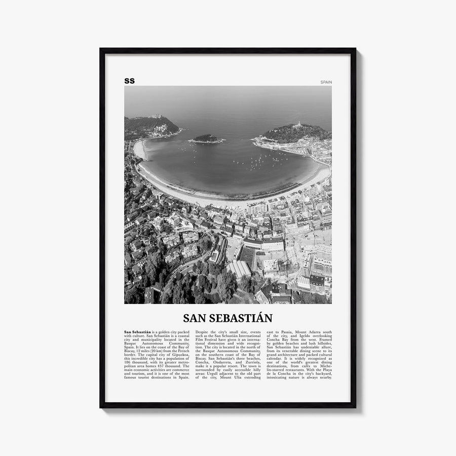 San Sebastián no. 2 black & white newspaper poster of Spain – vertical wall art, unframed print shown in interior mockup
