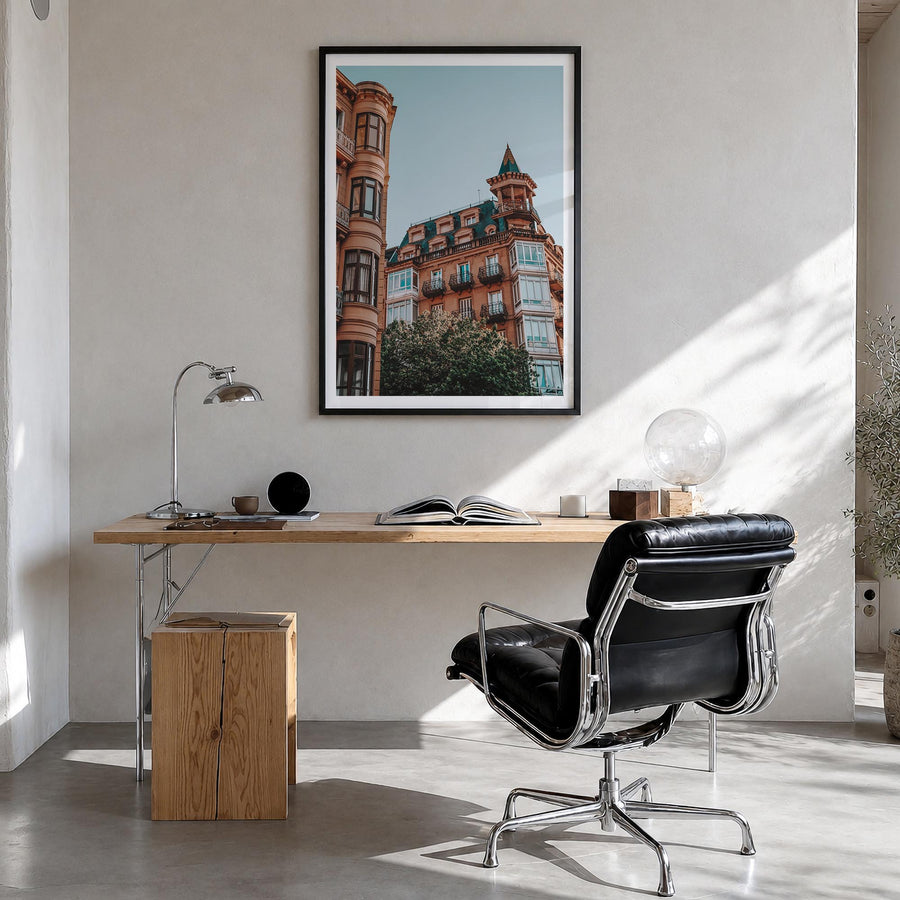 San Sebastián no. 2 colorful photo poster of Spain – vertical wall art in black wood frame with white border, hanging on wall