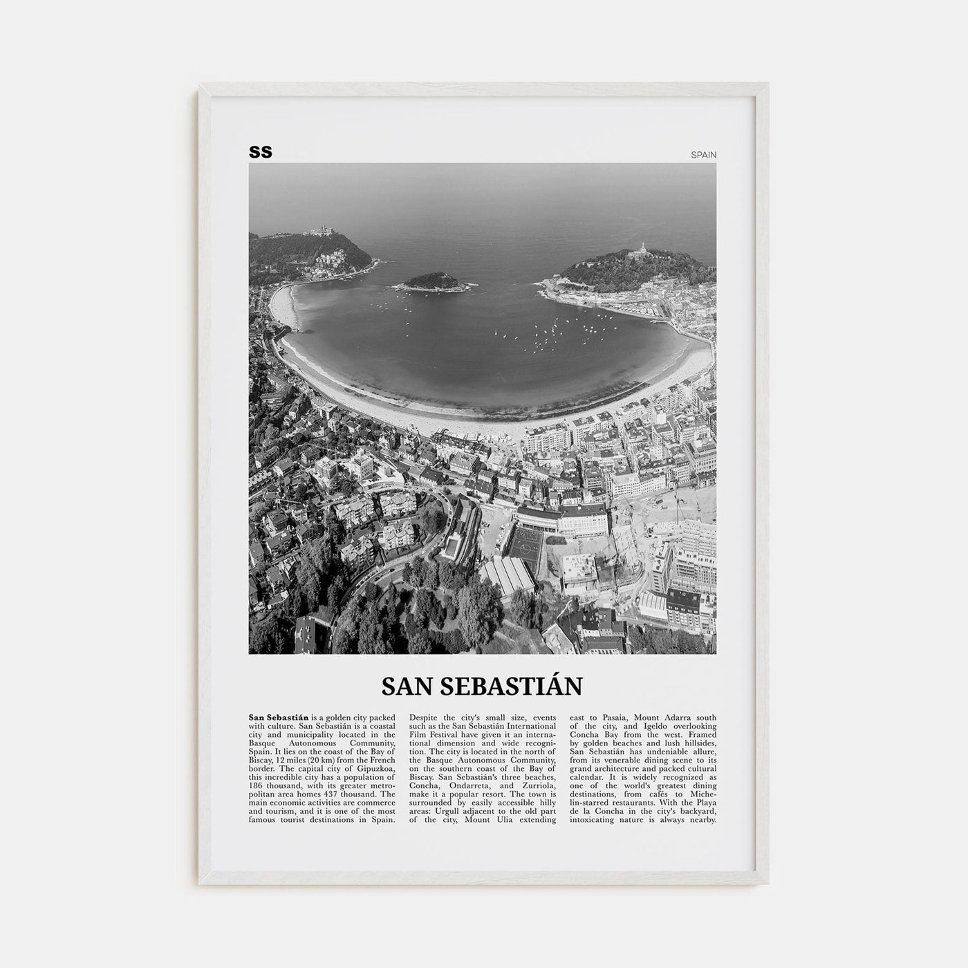 San Sebastián No 1 Poster White Wood / 8x12 in Nbourhood Travel B&W Poster