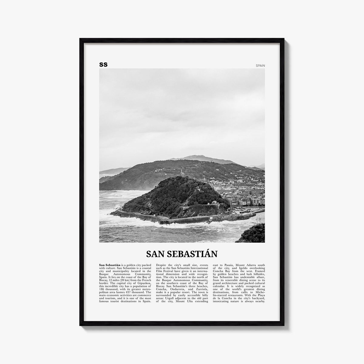 San Sebastián no. 3 black & white newspaper poster of Spain – vertical wall art, unframed print shown in interior mockup