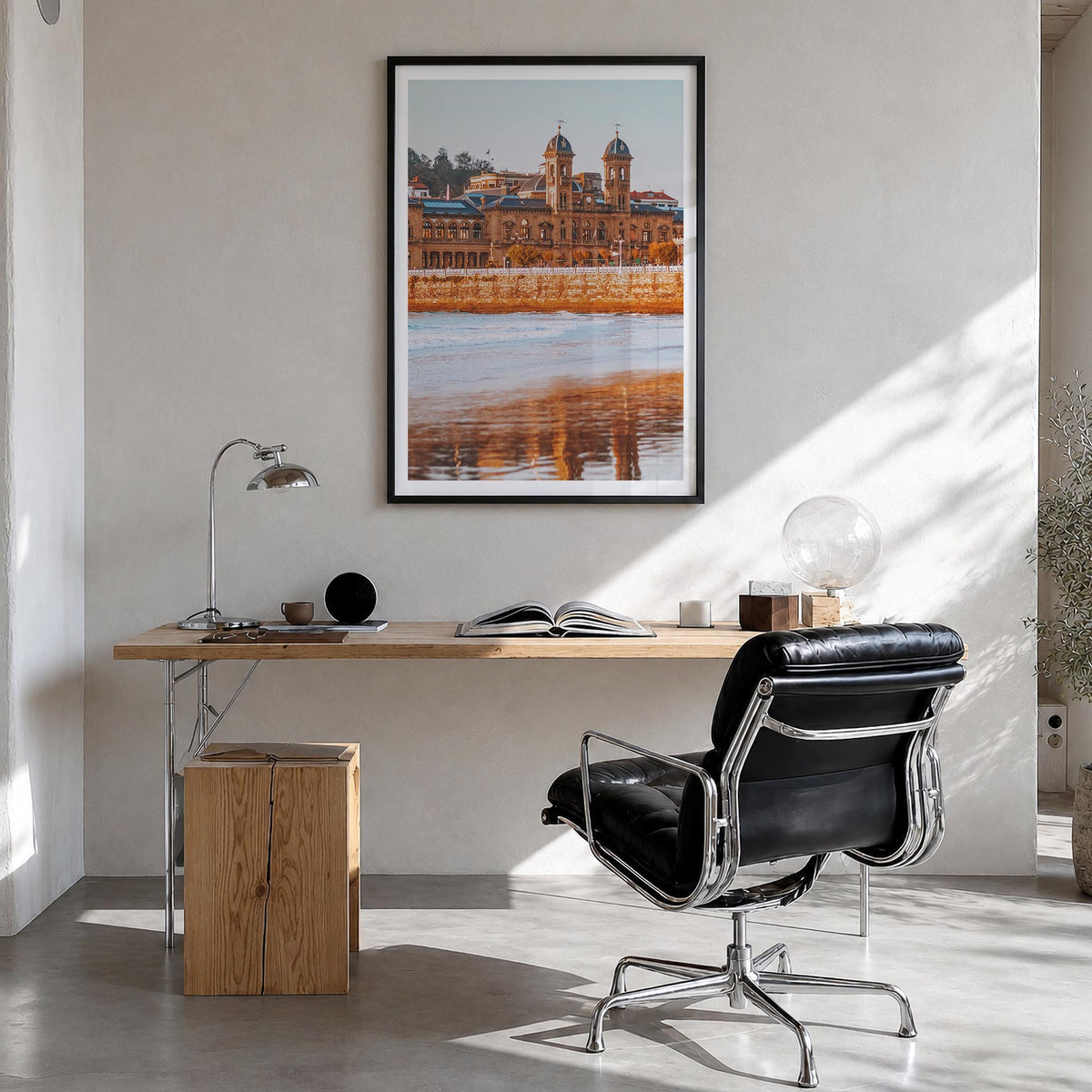 San Sebastián no. 1 colorful photo poster of Spain – vertical wall art in black wood frame with white border, hanging on wall