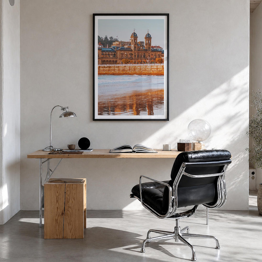 San Sebastián no. 1 colorful photo poster of Spain – vertical wall art in black wood frame with white border, hanging on wall