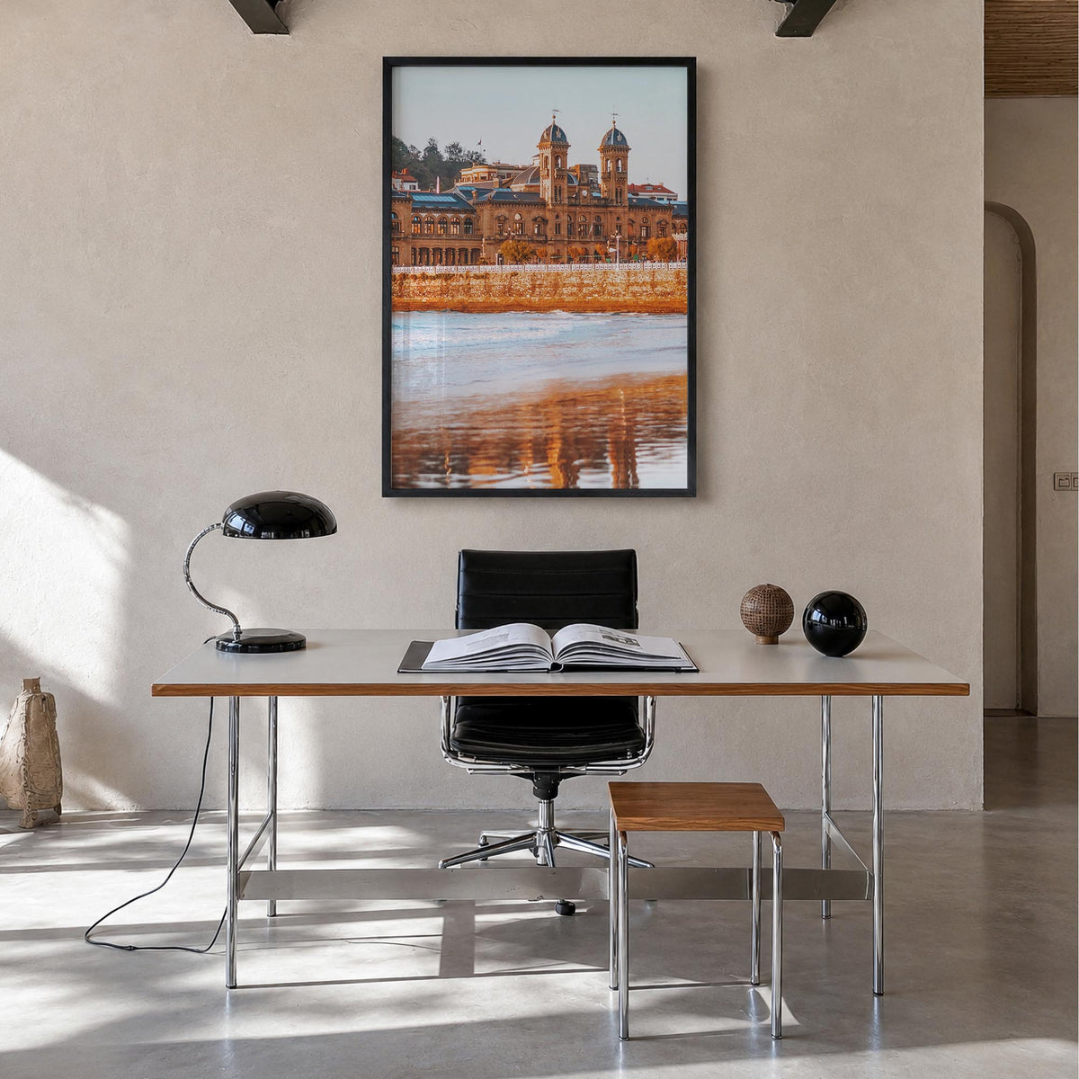 San Sebastián no. 1 colorful photo poster of Spain – vertical wall art in black wood frame, hanging on wall